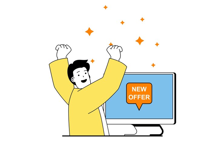 Vector 플랫 웹 디자인의 사람들 장면과 프리랜서 개념 컴퓨터에서 프리랜서로 일하고 클라이언트로부터 새로운 제안을 받는 남자 소셜 미디어 배너 마케팅 자료에 대한 벡터 그림