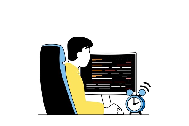 フラットなウェブデザインの人々のシーンを持つフリーランスのコンセプト自宅のコンピューターでリモートプログラマーコーディングとプログラミングとして働く男性ソーシャルメディアバナーマーケティング素材のベクトルイラスト