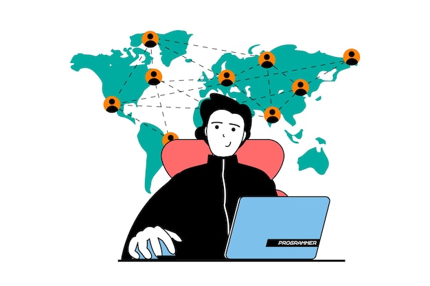 freelance concept with people scene in flat web design man working online at laptop and developing business in global world internet vector illustration for social media banner marketing material