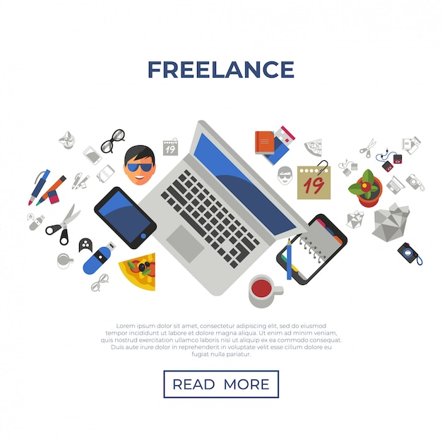 Freelance creative workplace icons set