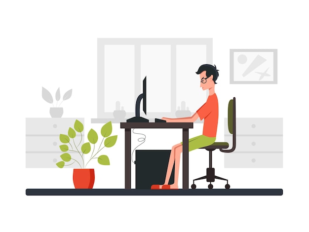 Vector freelance developer looking at the monitor and typing on the keyboard. side view. color vector cartoon illustration. for online communication and virtual work meeting. stay home.