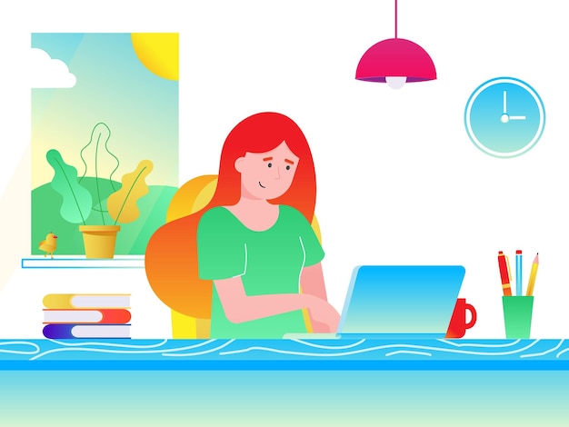 Vector freelance female girl businesswoman relaxing working on laptop at the home office