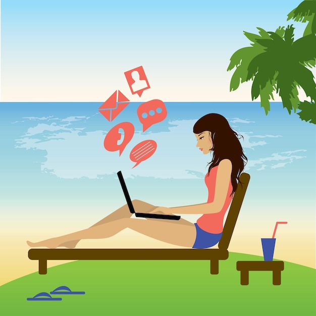 freelance girl work on beach vector flat illustration