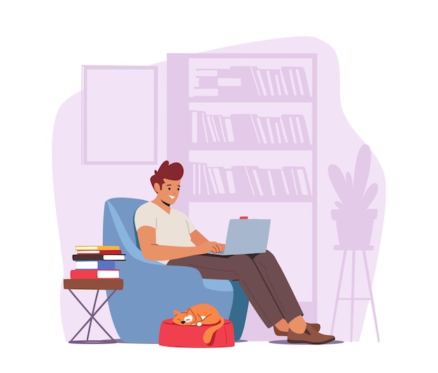 Freelance kantoor aan huis werkplek Concept Man freelancer karakter zittend In comfortabele fauteuil werken op Laptop