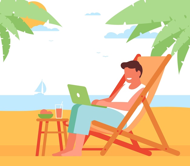 Freelance man aan het werk met laptop op strand freelancer zittend in chaise longue stoel externe baan ondernemer ontspannen onder palmen zomervakantie tropisch resort vector concept