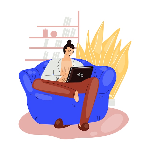 Vector freelance man work in comfortable cozy home office in armchair sofa flat illustration.