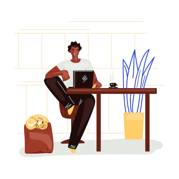 Vector freelance man work in comfortable cozy home office in kitchen flat illustration. freelancer man character working from home at relaxed pace, self employed concept