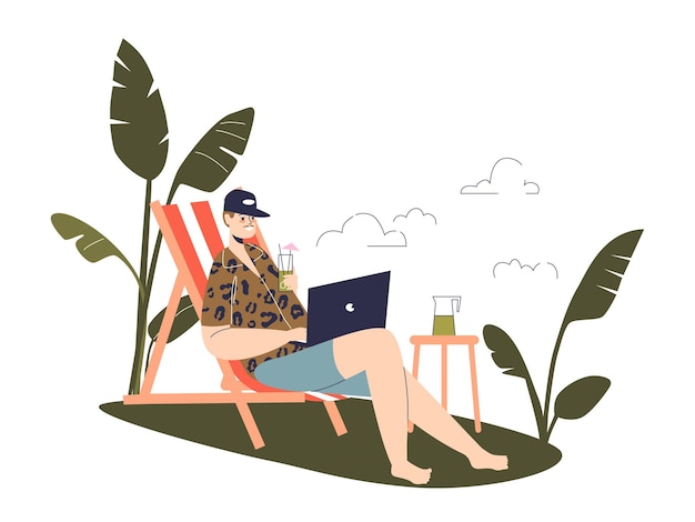 Freelance occupation for business: young man with cocktail lying on beach with laptop computer. freelancer guy work online remotely. cartoon flat vector illustration