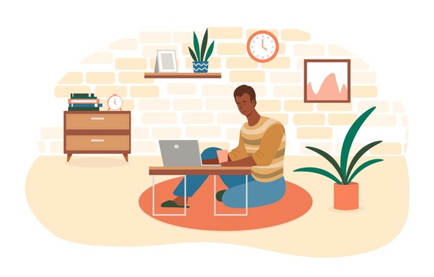 Vector freelance of remote work concept man zit aan zijn bureau aan het werken aan een laptop en koffie drinken