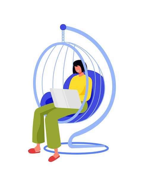 Vector freelance people work composition with female character sitting in hanging chair with laptop computer