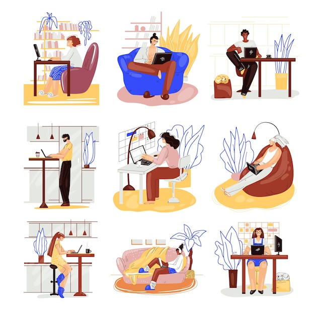 Вектор Внештатные люди работают в удобном уютном месте, установленном на плоской иллюстрации. фрилансер, многорасовый персонаж, работающий дома в расслабленном темпе. концепция самозанятых мужчин и женщин.