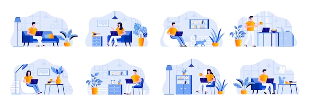 Freelance scenes bundle with people characters. freelancer\
working with laptop in comfortable conditions at home office\
situations. distance working, self-employed occupation flat\
illustration.