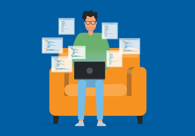 Vector freelance software development working from home on the sofa