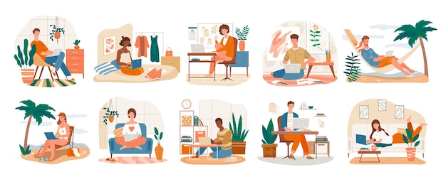 Freelance tekenset met tien scènes van mensen aan het werk op laptops aan de kust, op kantoor en thuis, vectorillustratie