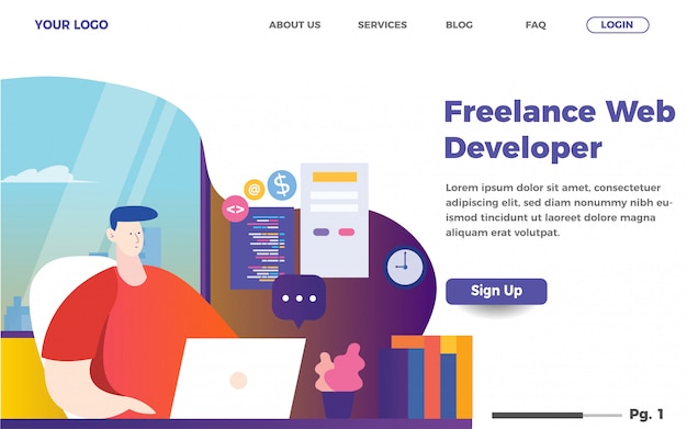 Vector freelance web developer landing page template. men coding website illustration