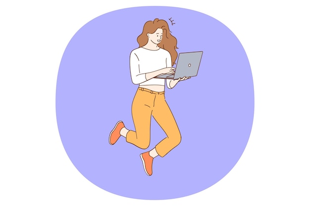 Freelance werk en remote werk concept Glimlachende jonge vrouw springen met laptop in handen werken als freelancer met externe baan vectorillustratie