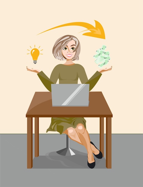 緑のドレスを着たフリーランスの女性が、アイデアとお金を手に持ったノートパソコンのそばのテーブルに座っています。