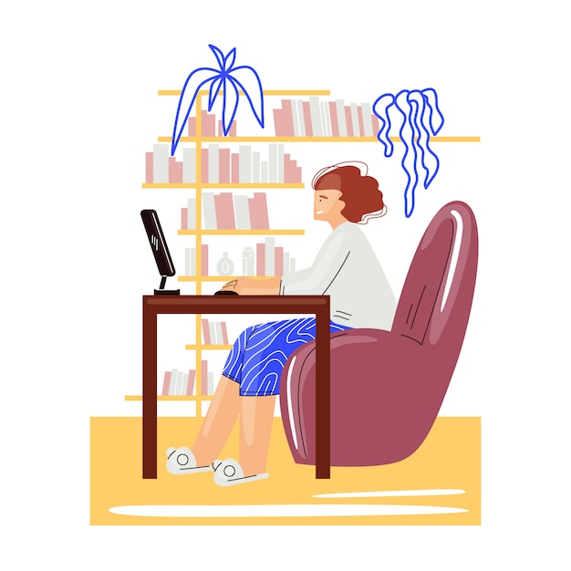 Vector freelance woman work in comfortable cozy home office flat illustration.