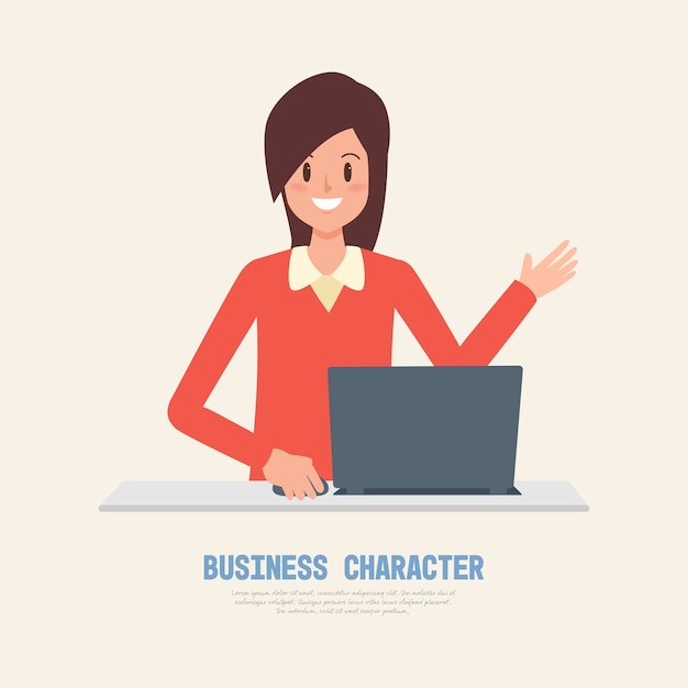 freelance woman working character with laptop.