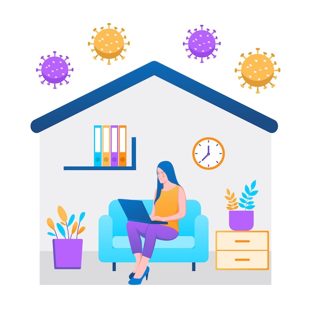 Vector freelance woman working on laptop  work from home illustration concept