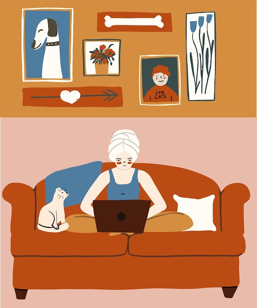 Concetto di lavoro freelance a casa wfh xaa una giovane ragazza lavora in remoto seduta sul divano con un computer portatile e un gatto illustrazione vettoriale in stile disegnato a mano