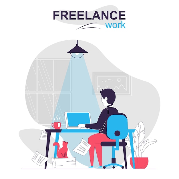 Freelance work isolated cartoon concept man freelancer working on laptop at home online