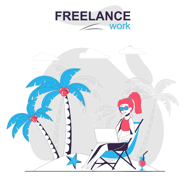 Freelance work isolated cartoon concept woman working on laptop on the beach freelancer