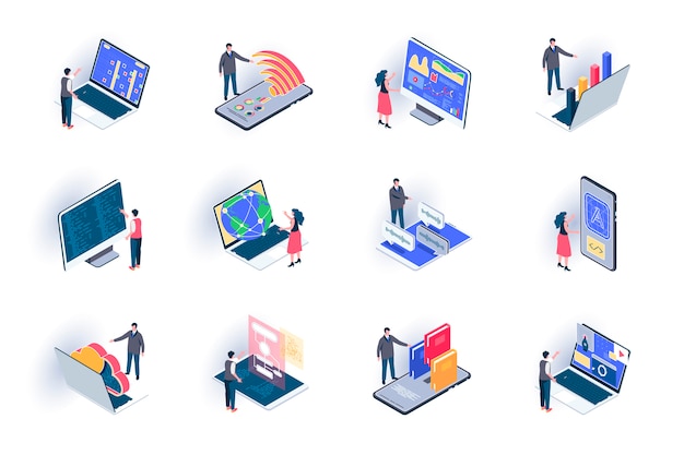 Freelance work isometric icons set. Outsourcing development and design, remote work flat illustration. Online communication and distance teamwork 3d isometry pictograms with people characters.