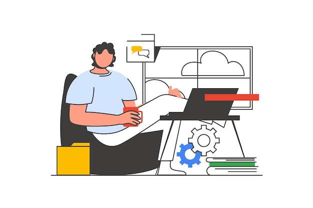 Freelance work outline web concept with character scene Man doing tasks at laptop and connecting online People situation in flat line design Vector illustration for social media marketing material