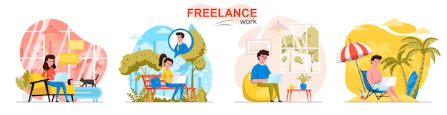 Freelance work scenes set in flat style