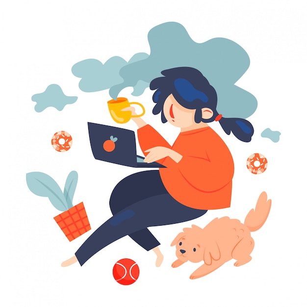 Freelance worker with dog - vector illustration