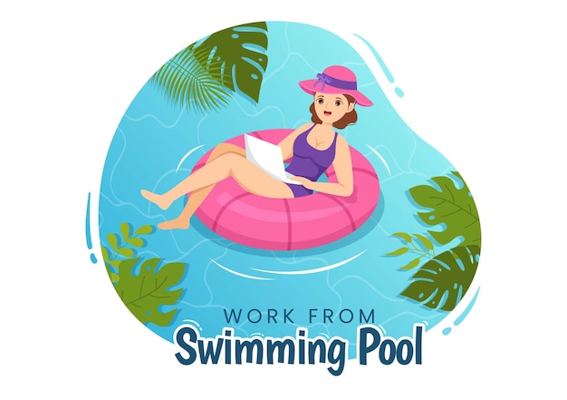 Freelance workers from swimming pool illustration with relaxing drink cocktails and using laptop