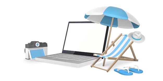 Concetto di lavoro freelance 3d rendering realistico laptop ombrellone spiaggia sedia fotocamera cappello e pantofole illustrazione vettoriale