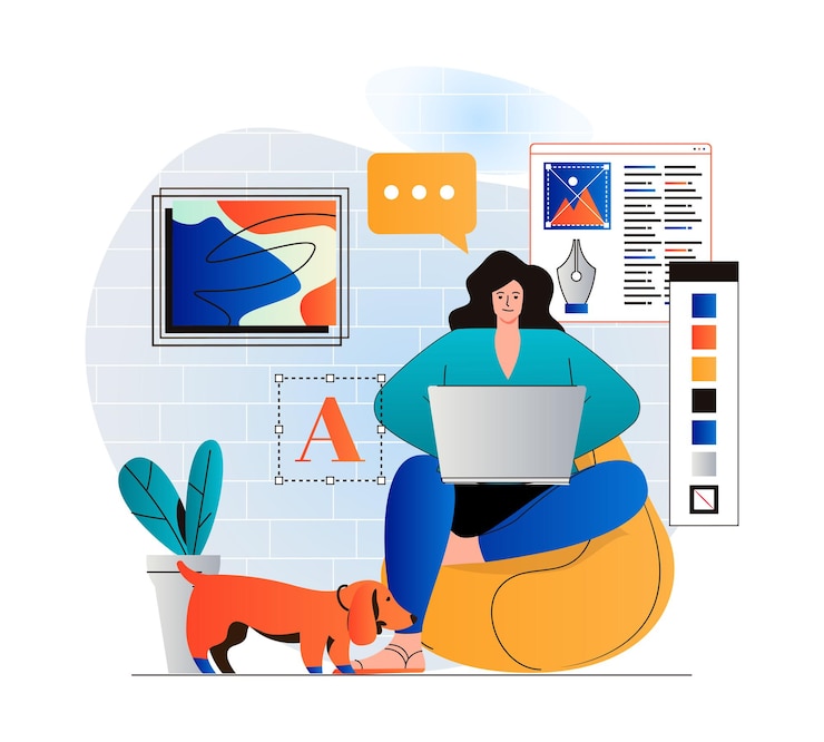 Vector freelance working concept in modern flat design woman designer is working on creative project
