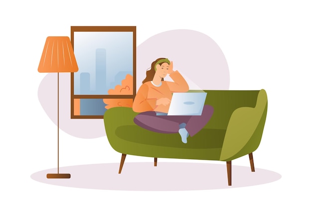만화 디자인의 사람들 장면과 프리랜서 작업 개념 그 소녀는 프리랜서로 일합니다