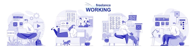 Set isolato di lavoro freelance in design piatto le persone lavorano a distanza su laptop dall'ufficio di casa