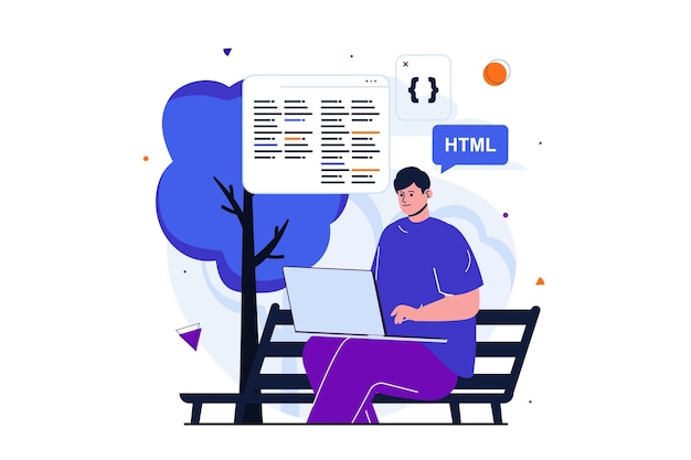 Vettore freelance lavorando moderno concetto piatto per la progettazione di banner web programmi e opere per sviluppatori maschi