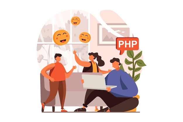 フラットデザインのフリーランスワーキングウェブコンセプトphpでの開発者プログラミングとソフトウェアの作成
