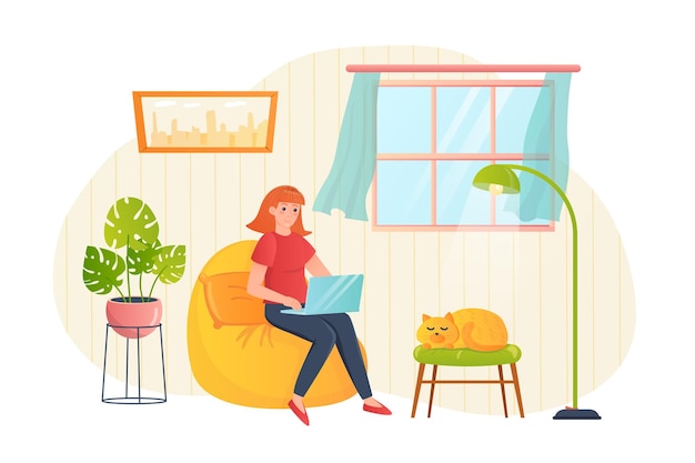 Freelance workplace flat concept people scene woman working at laptop while sitting in armchair