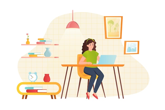 Freelance workplace flat concept people scene Young girl working at laptop while sitting at desk