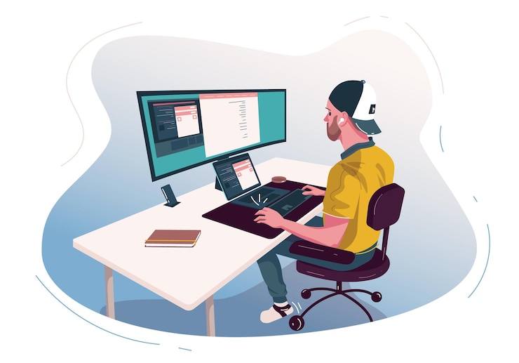 Vector freelancer developer working from home onthe computer