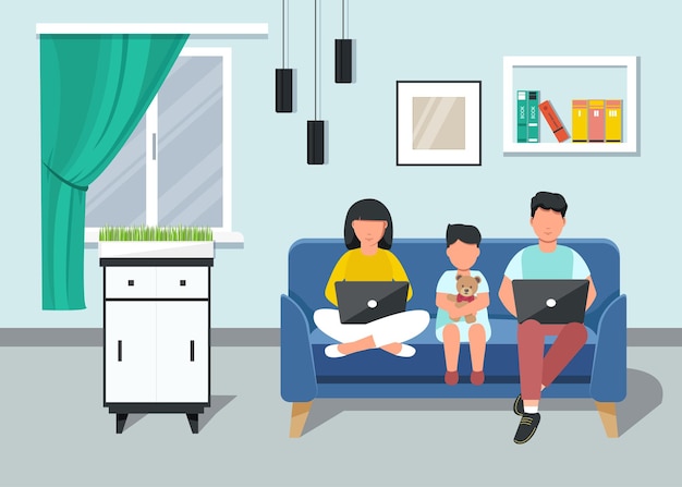 Vector freelancer. family with small child working from home on a laptop sitting on the couch. home office.