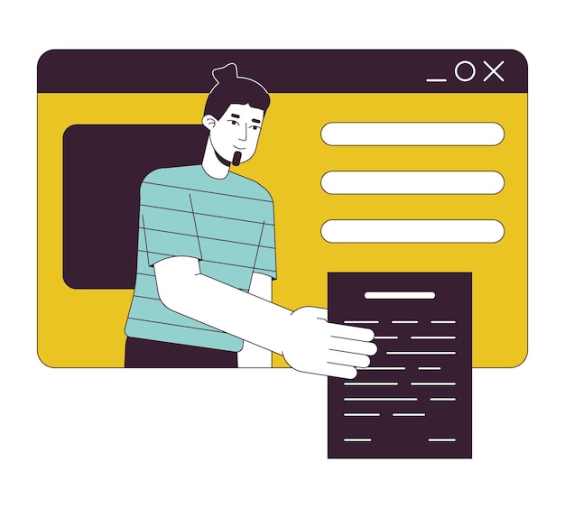 Freelancer geven document platte lijn concept vector plek illustratie Man op webpagina mockup achtergrond 2D stripfiguur overzicht op wit voor web UI ontwerp Bewerkbare geïsoleerde held kleurenafbeelding
