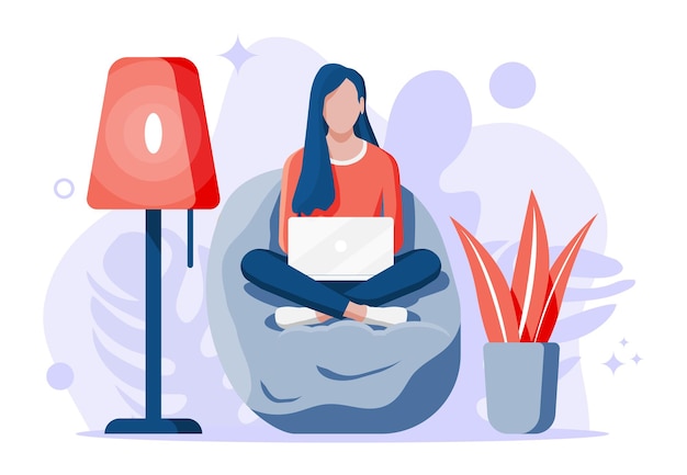 Freelancer girl in bean bag works at home. Comfortable workplace interior with plant, floor lamp. Young woman in chair with laptop. Remote work online education. Flat vector illustration