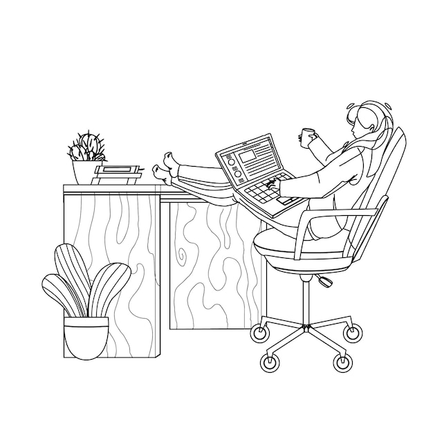 Freelancer girl working on laptop at home black line pencil drawing vector. young woman freelancer with drink cup work online on computer at desk. character businesswoman remote job illustration