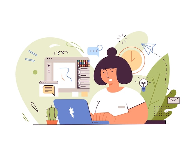 Freelancer girl working on laptop at home illustrator designer doing tasks remotely Vector