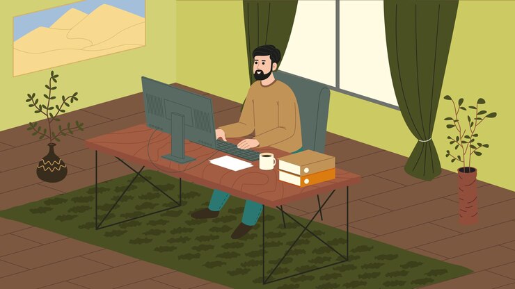 Vector freelancer. happy young man sits at a computer at home and works remotely or carries out a private order. flat vector illustration