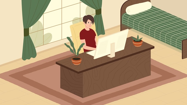 Vector freelancer. happy young woman sits at a computer at home and works remotely or carries out a private order. flat vector illustration