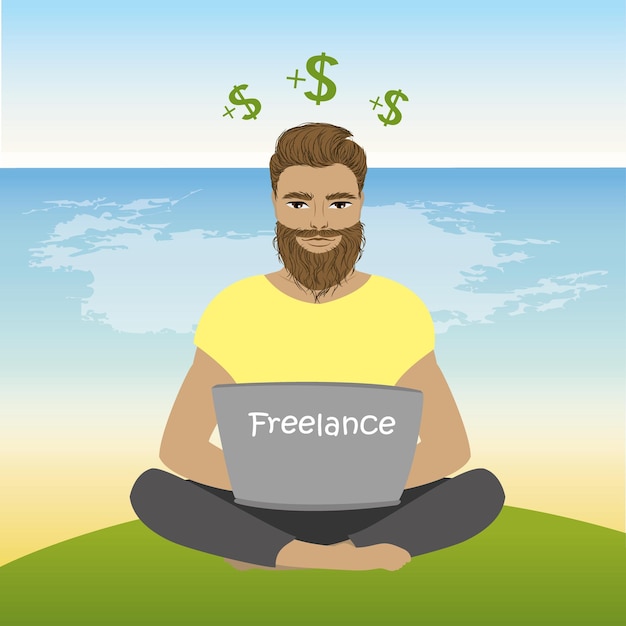 Freelancer or hipster sitting on the beach in lotus pose and works vector illustration