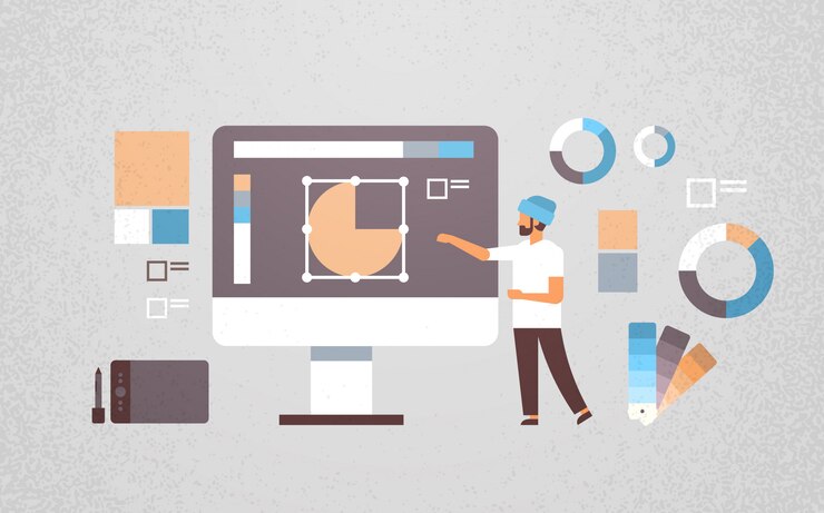 Vector freelancer man designer working graphic design 